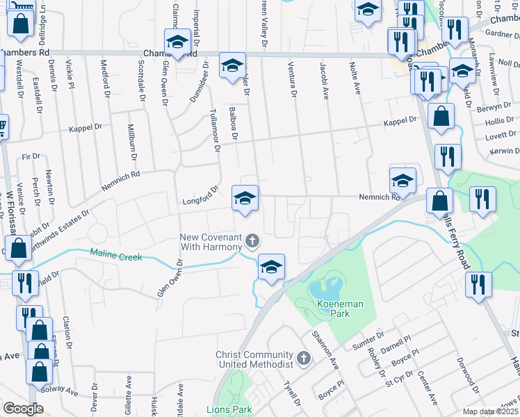 map of restaurants, bars, coffee shops, grocery stores, and more near 9553 Winkler Drive in St. Louis