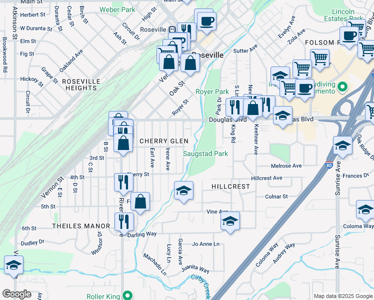 map of restaurants, bars, coffee shops, grocery stores, and more near 201 Willow Avenue in Roseville