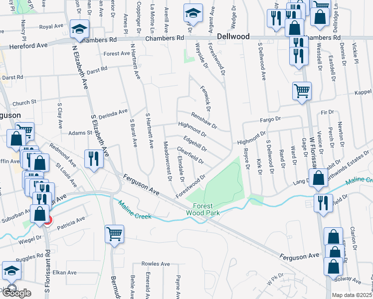 map of restaurants, bars, coffee shops, grocery stores, and more near 937 Clearfield Drive in Ferguson
