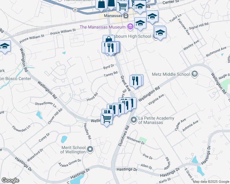 map of restaurants, bars, coffee shops, grocery stores, and more near 9833 Buckner Road in Manassas