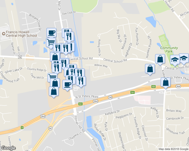 map of restaurants, bars, coffee shops, grocery stores, and more near 59 Cloverdale Drive in Saint Charles