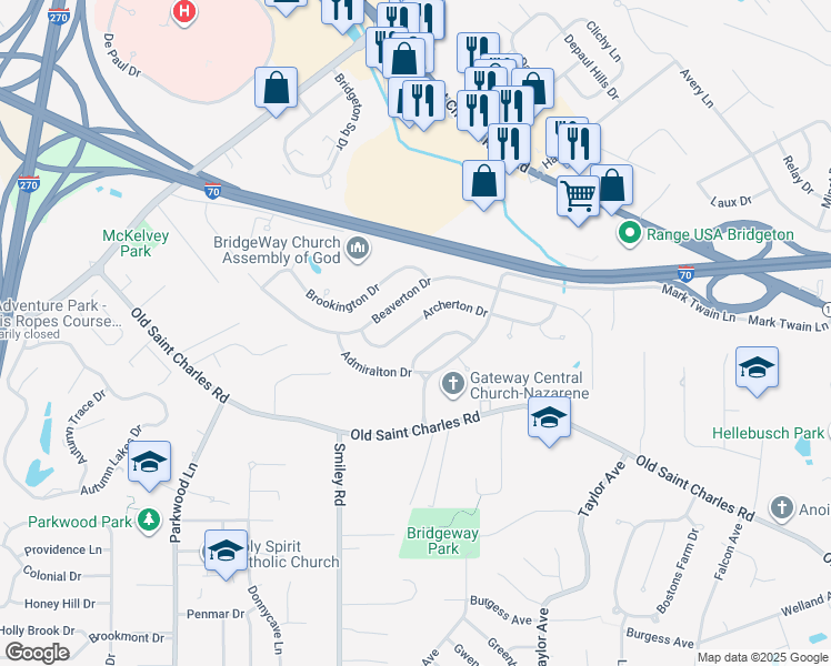 map of restaurants, bars, coffee shops, grocery stores, and more near 11825 Birmington Drive in Bridgeton