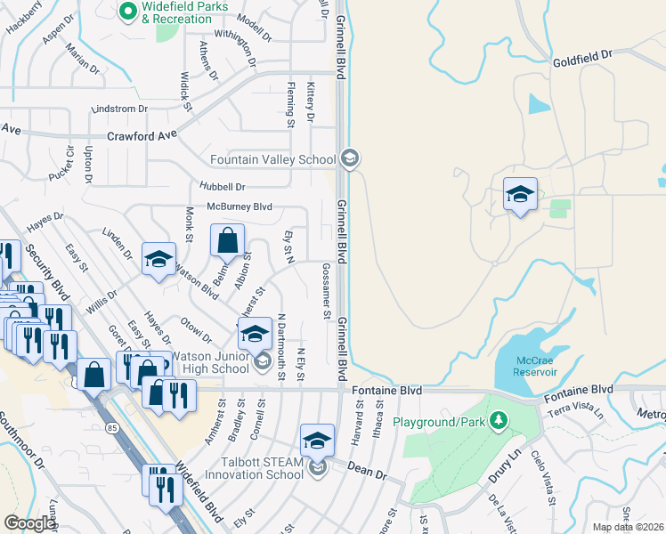 map of restaurants, bars, coffee shops, grocery stores, and more near 6207 Gossamer Street in Colorado Springs