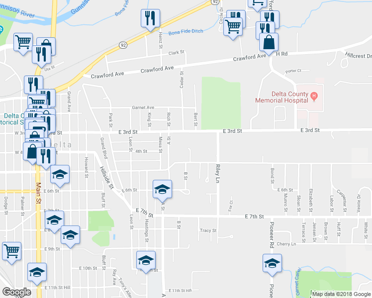 map of restaurants, bars, coffee shops, grocery stores, and more near 435 B Street in Delta