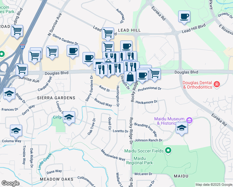 map of restaurants, bars, coffee shops, grocery stores, and more near 1734 Kent Street in Roseville