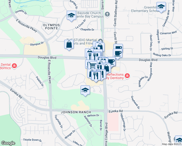 map of restaurants, bars, coffee shops, grocery stores, and more near 8640 Sierra College Boulevard in Roseville