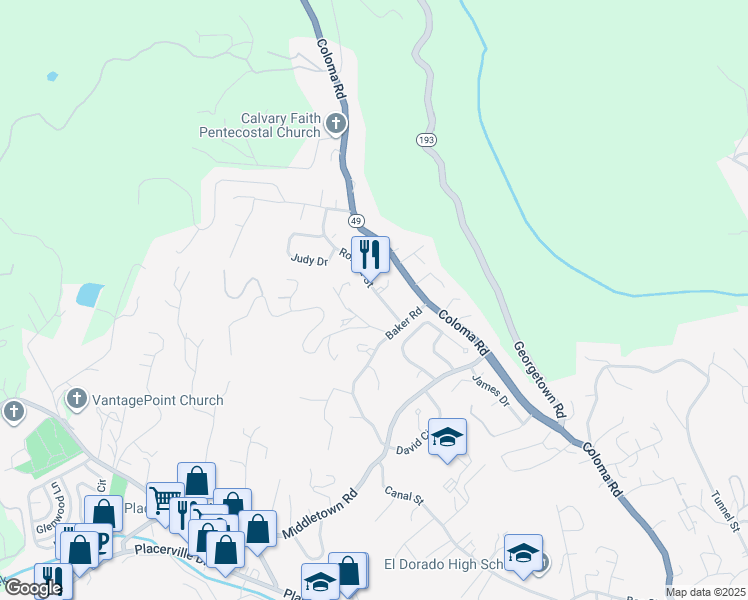 map of restaurants, bars, coffee shops, grocery stores, and more near 2468 Roxana Street in Placerville