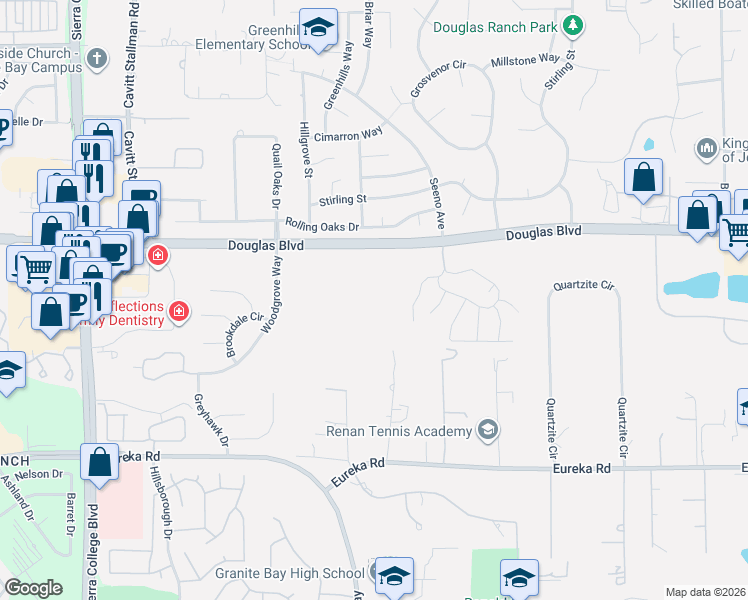 map of restaurants, bars, coffee shops, grocery stores, and more near 4670 Douglas Boulevard in Granite Bay