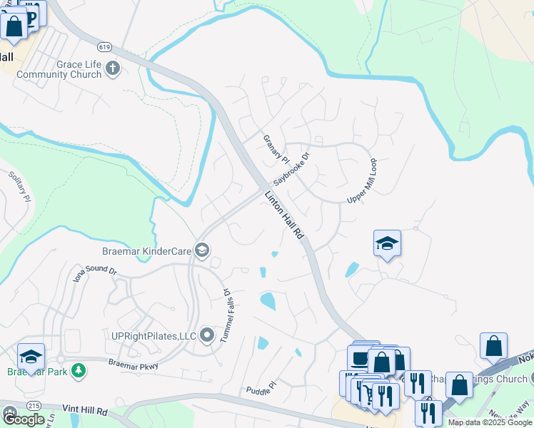 map of restaurants, bars, coffee shops, grocery stores, and more near 9918 Linton Hall Road in Linton Hall