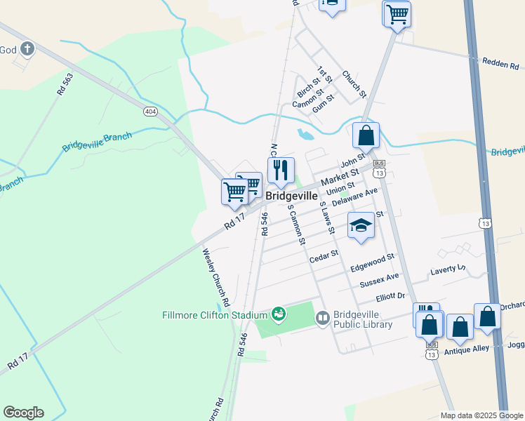 map of restaurants, bars, coffee shops, grocery stores, and more near 110 South Railroad Avenue in Bridgeville