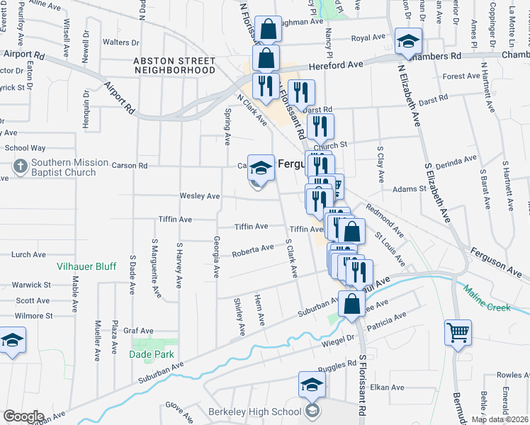 map of restaurants, bars, coffee shops, grocery stores, and more near 216 Wesley Avenue in Ferguson