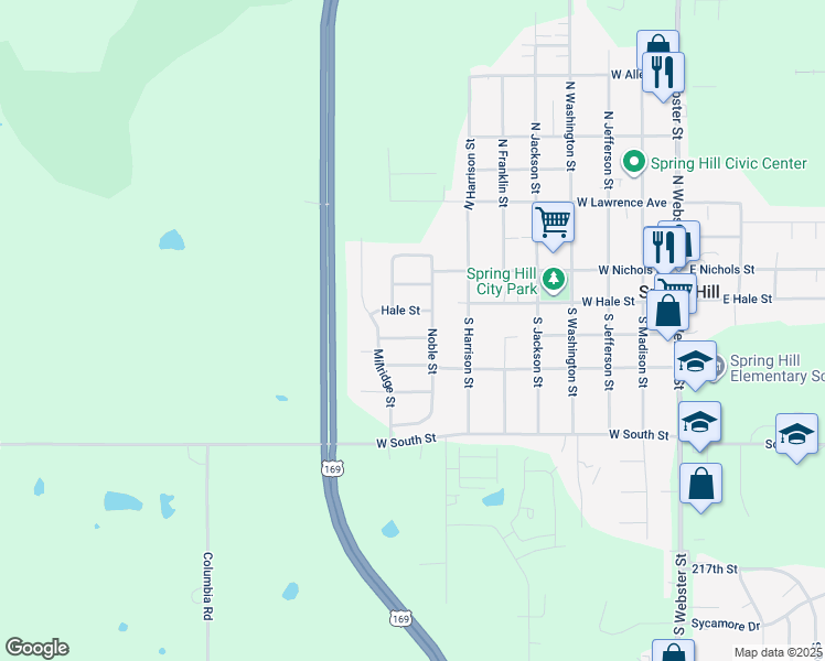 map of restaurants, bars, coffee shops, grocery stores, and more near 21620 Johnson Street in Spring Hill