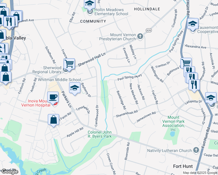 map of restaurants, bars, coffee shops, grocery stores, and more near 2204 Colonial Woods Drive in Alexandria