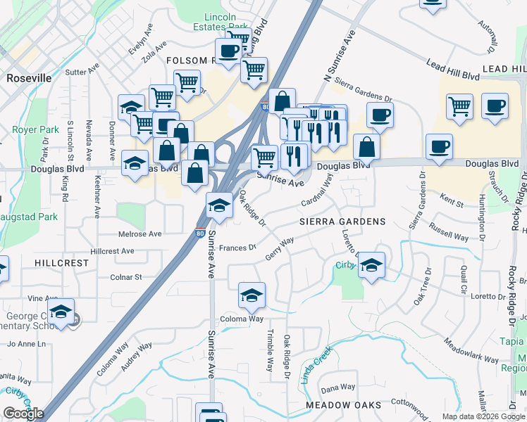 map of restaurants, bars, coffee shops, grocery stores, and more near 1401 Cardinal Way in Roseville