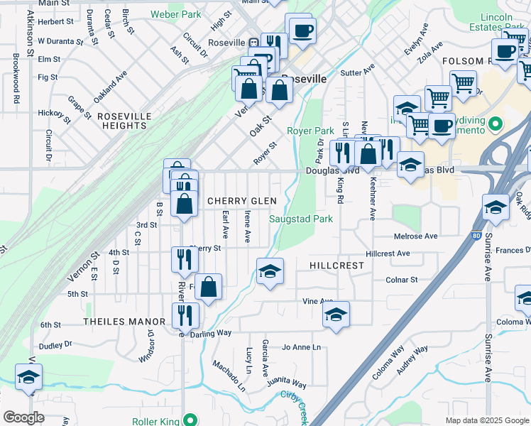 map of restaurants, bars, coffee shops, grocery stores, and more near 422 Bonita Street in Roseville