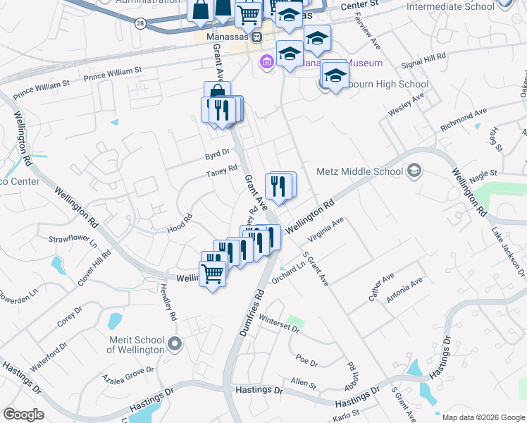 map of restaurants, bars, coffee shops, grocery stores, and more near 9830 Grant Avenue in Manassas