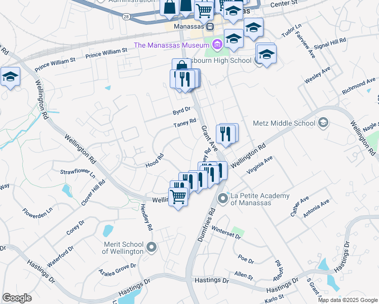 map of restaurants, bars, coffee shops, grocery stores, and more near 9828 Buckner Road in Manassas