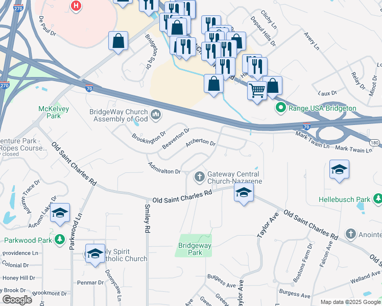 map of restaurants, bars, coffee shops, grocery stores, and more near 11825 Birmington Drive in Bridgeton