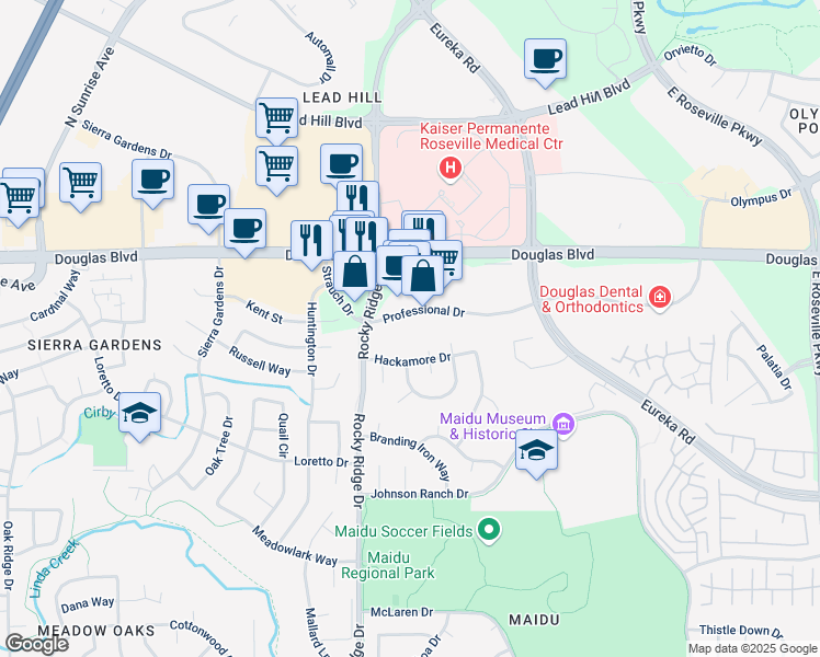 map of restaurants, bars, coffee shops, grocery stores, and more near 2110 Professional Drive in Roseville