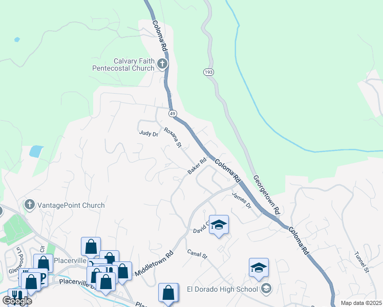 map of restaurants, bars, coffee shops, grocery stores, and more near 2468 Roxana Street in Placerville
