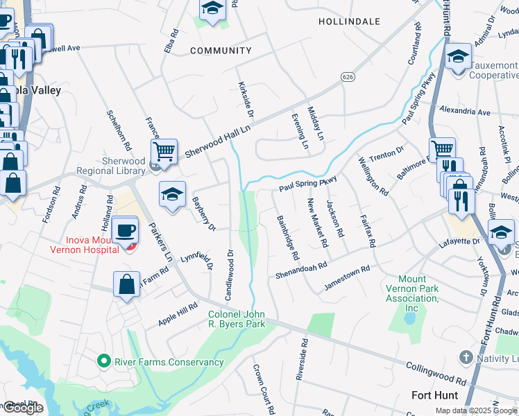 map of restaurants, bars, coffee shops, grocery stores, and more near 2204 Colonial Woods Drive in Alexandria