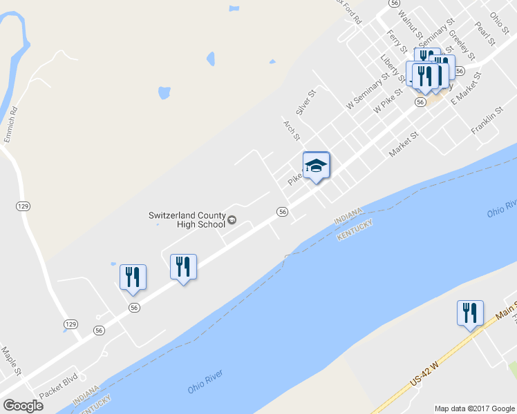 map of restaurants, bars, coffee shops, grocery stores, and more near 1004 W Main St in Vevay