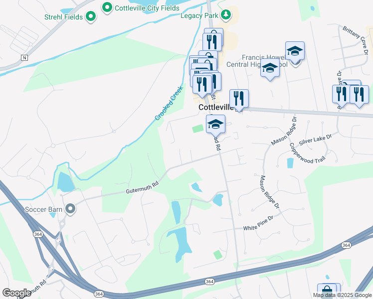 map of restaurants, bars, coffee shops, grocery stores, and more near 5225 Gutermuth Road in Cottleville