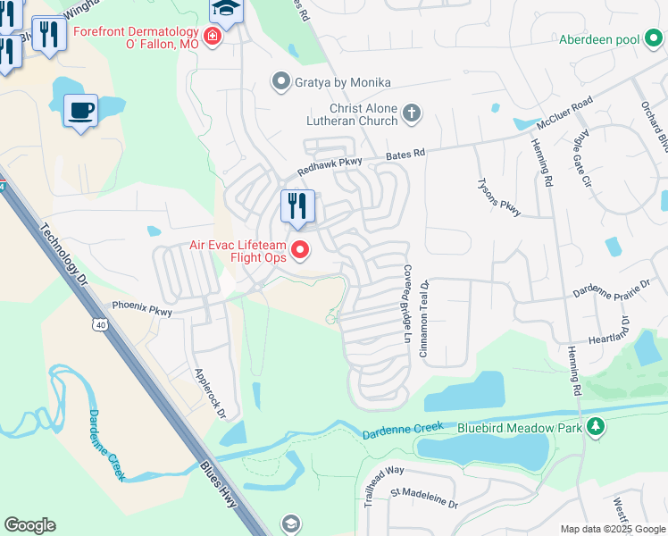 map of restaurants, bars, coffee shops, grocery stores, and more near 895 Boardwalk Springs Place in O'Fallon