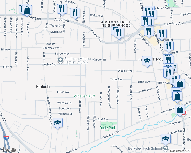 map of restaurants, bars, coffee shops, grocery stores, and more near 823 Tiffin Avenue in Ferguson