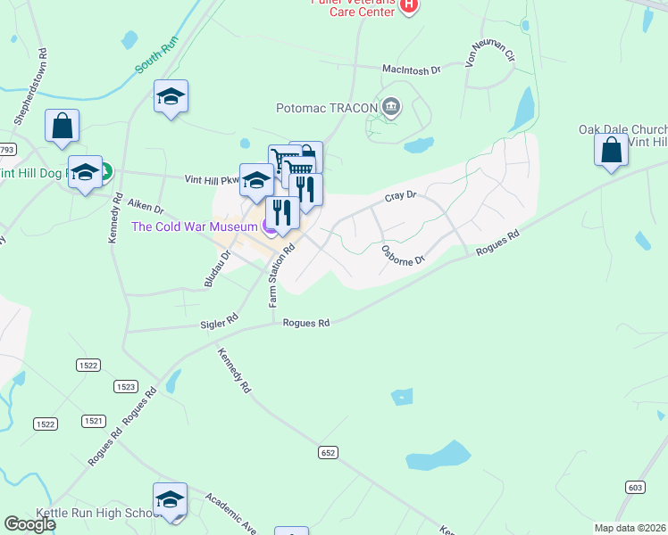 map of restaurants, bars, coffee shops, grocery stores, and more near 4158 Wirth Lane in Warrenton