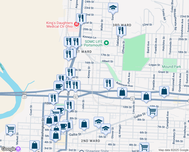 map of restaurants, bars, coffee shops, grocery stores, and more near 1412 Kinney Street in Portsmouth