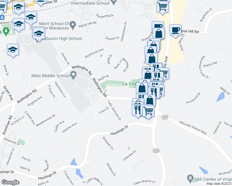 map of restaurants, bars, coffee shops, grocery stores, and more near 8603 Dutchman Court in Manassas