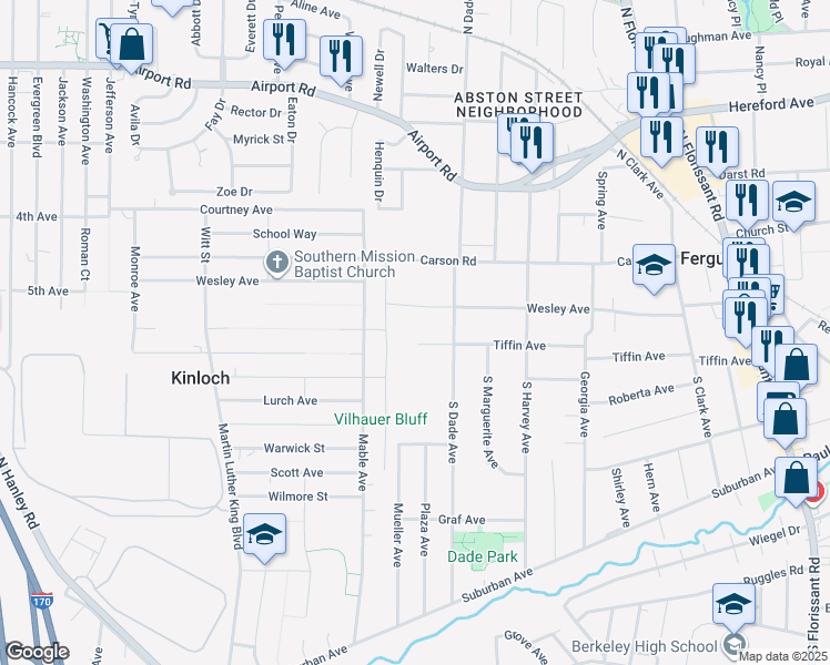 map of restaurants, bars, coffee shops, grocery stores, and more near 823 Tiffin Avenue in Ferguson