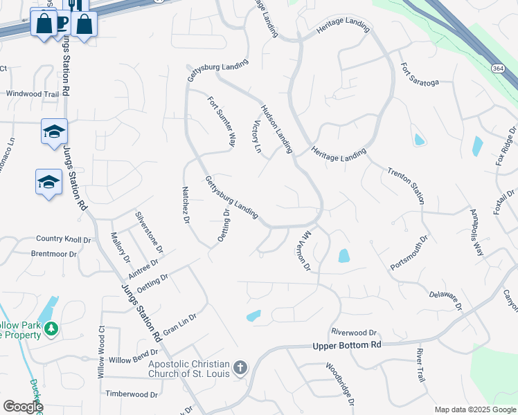 map of restaurants, bars, coffee shops, grocery stores, and more near 1616 Burnside Lane in Saint Charles