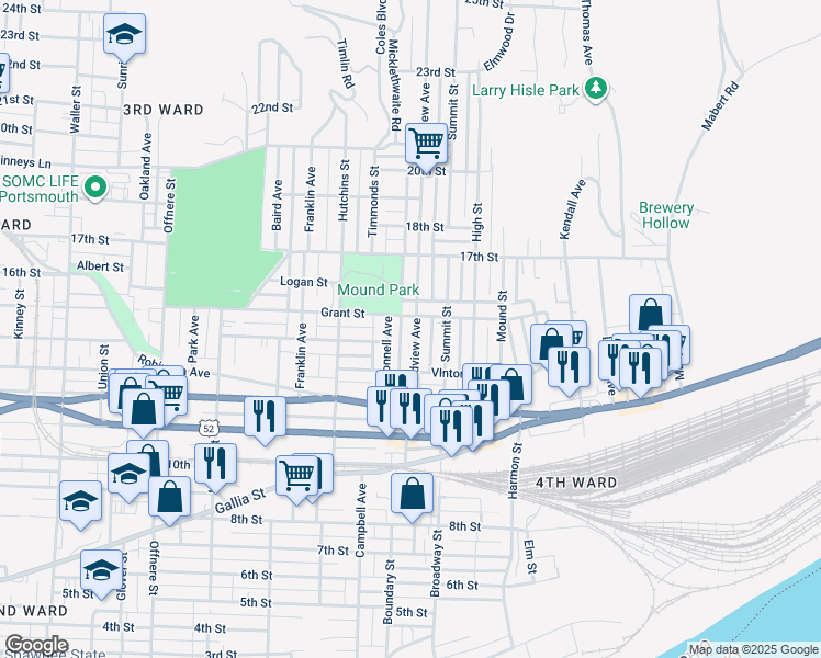 map of restaurants, bars, coffee shops, grocery stores, and more near 1413 Grandview Avenue in Portsmouth