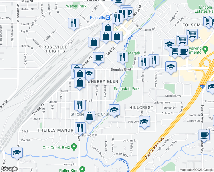 map of restaurants, bars, coffee shops, grocery stores, and more near 416 Bonita Street in Roseville