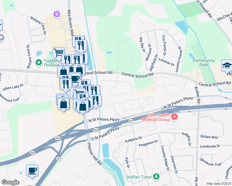 map of restaurants, bars, coffee shops, grocery stores, and more near 59 Cloverdale Drive in Saint Charles