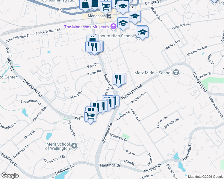 map of restaurants, bars, coffee shops, grocery stores, and more near 9830 Virginia 234 Business in Manassas