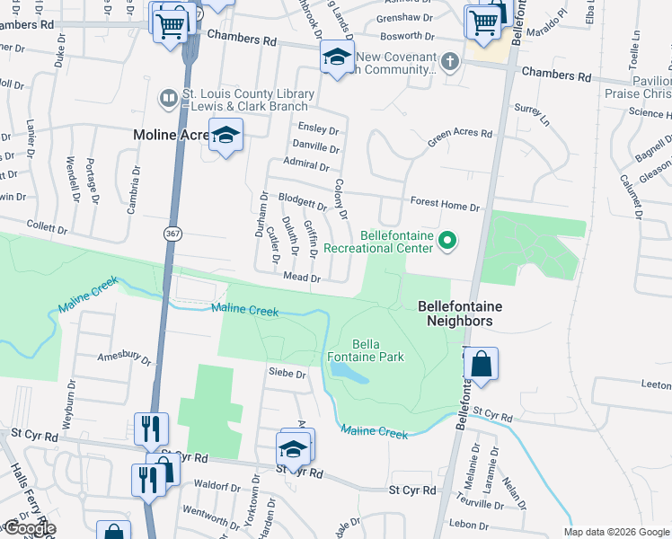 map of restaurants, bars, coffee shops, grocery stores, and more near 9608 Hemlock Drive in St. Louis