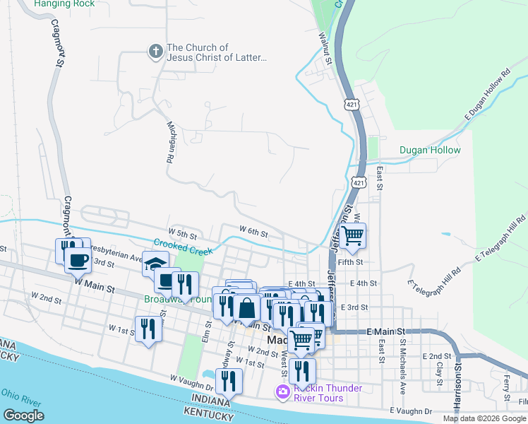 map of restaurants, bars, coffee shops, grocery stores, and more near 740 Michigan Road in Madison