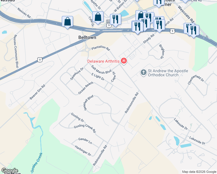map of restaurants, bars, coffee shops, grocery stores, and more near 17931 Cape Drive in Lewes