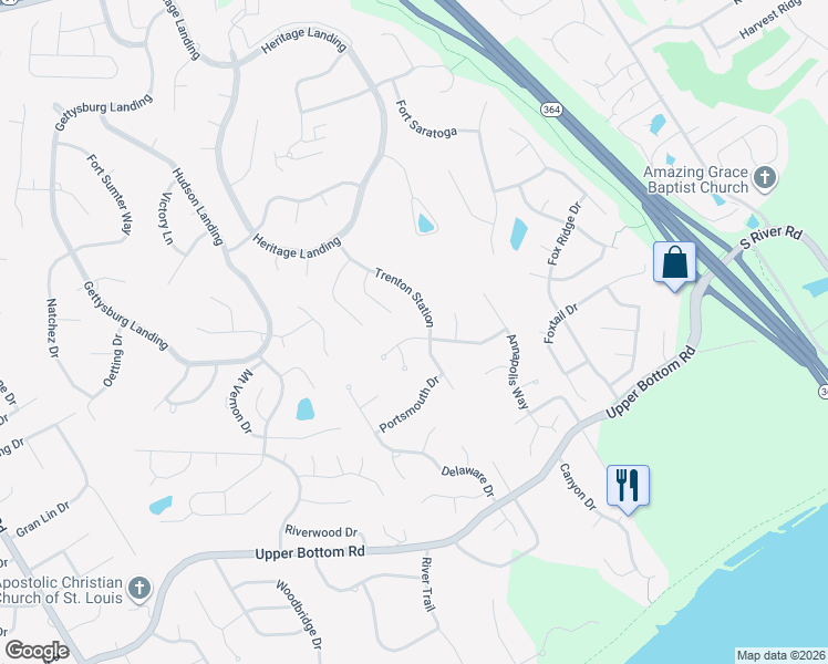 map of restaurants, bars, coffee shops, grocery stores, and more near 411 Savannah Ridge Drive in Saint Charles