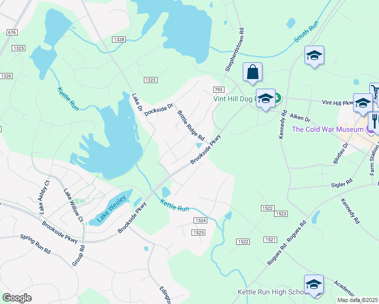 map of restaurants, bars, coffee shops, grocery stores, and more near 2225 Pump House Court in Warrenton