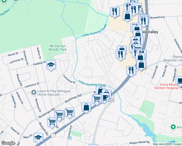 map of restaurants, bars, coffee shops, grocery stores, and more near 7980 Audubon Avenue in Alexandria