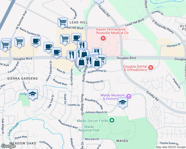 map of restaurants, bars, coffee shops, grocery stores, and more near 2110 Professional Dr in Roseville