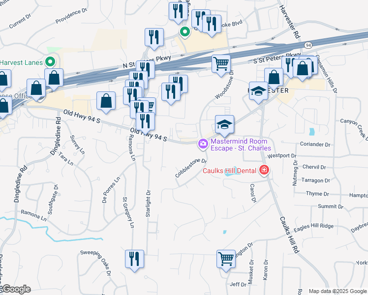 map of restaurants, bars, coffee shops, grocery stores, and more near 3908 Old Hwy N in St Charles