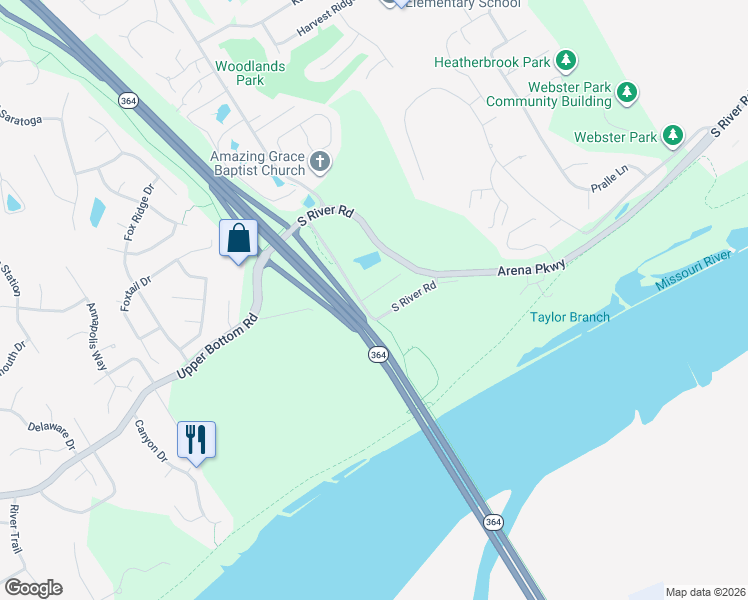 map of restaurants, bars, coffee shops, grocery stores, and more near 2817 South River Road in Saint Charles