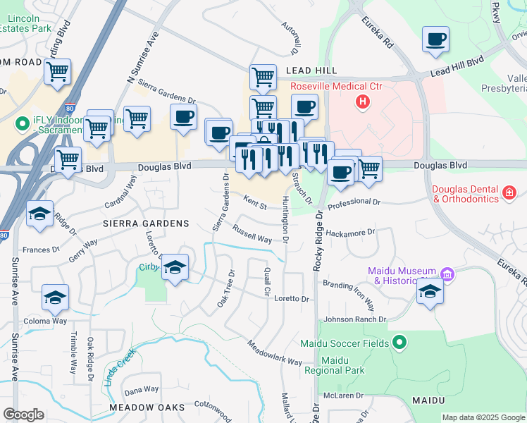 map of restaurants, bars, coffee shops, grocery stores, and more near 1724 Kent Street in Roseville