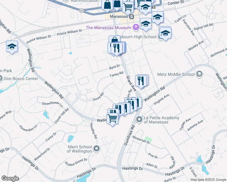 map of restaurants, bars, coffee shops, grocery stores, and more near 9819 Town Lane in Manassas
