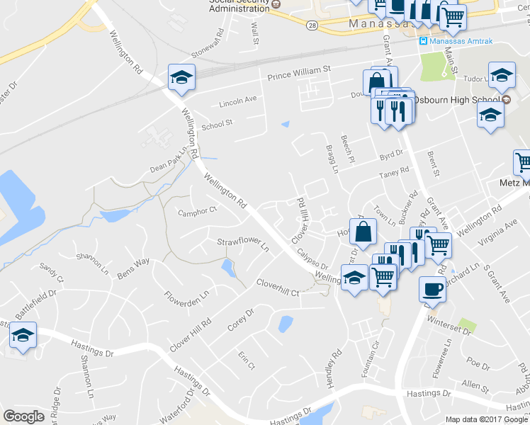 map of restaurants, bars, coffee shops, grocery stores, and more near 9269 Fawnlily Court in Manassas